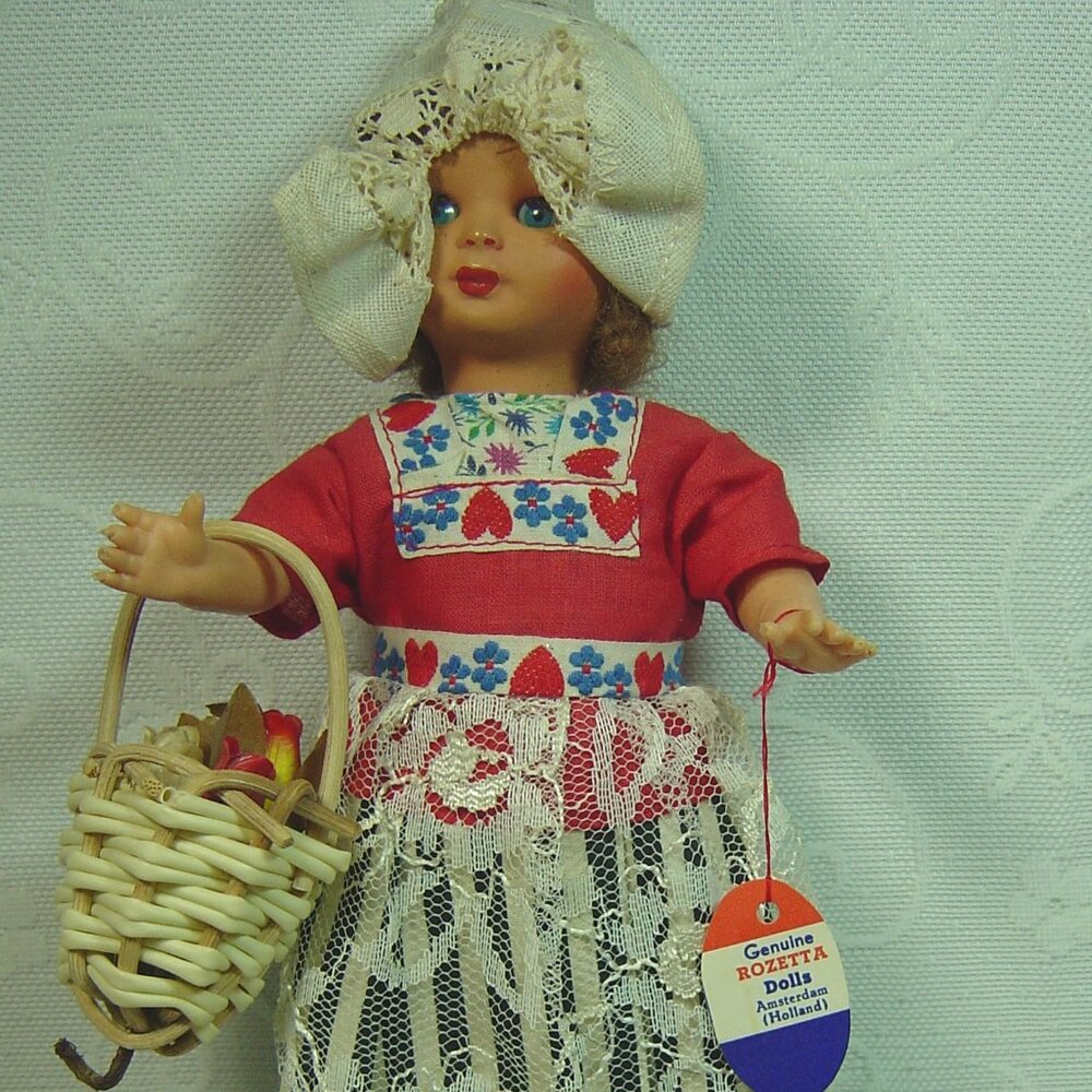 Vintage Genuine Rosetta Dutch costume doll-9" tall-wooden shoes & tulips